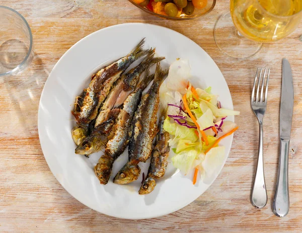 Dish Fried Sardines Pilchards Anchovies Batter Traditional Spanish Meal — Stock Photo, Image