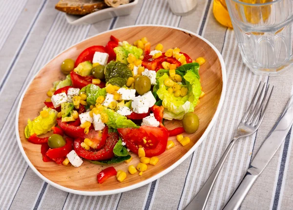 Appetizing Vegetable Salad Made Tomatoes Feta Cheese Lettuce Leaves Canned — Fotografia de Stock