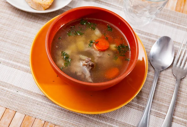 Hearty Homemade Soup Pork Meat Bone Vegetables Served Greens — Stock Photo, Image