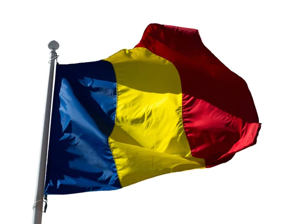 Rumunská Vlajka Stožáru Vlnění Izolované Bílém Pozadí — Stock fotografie