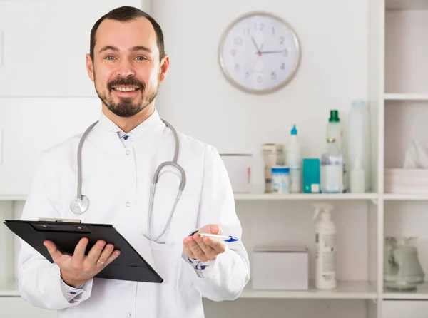 Smiling Man Doctor Working Effectively His Office — Stock Photo, Image