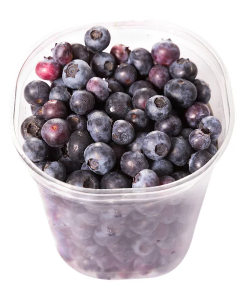 Fresh Ripe Blueberries Small Plastic Bucket Isolated White Background — Stock Photo, Image