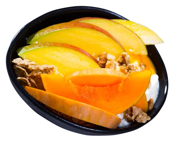 Pompoenschijfjes Bakken Oven Snijd Mango Havervlokken Slagroom Gedroogd Fruit Een — Stockfoto