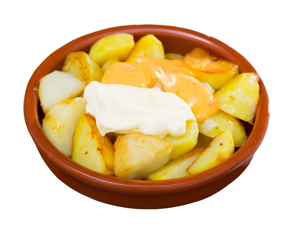 Spanish Cuisine Delicious Deep Fried Potatoes Patatas Bravas Two Sauces — Stock Photo, Image