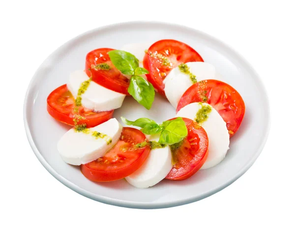 Salade Caprese Fraîche Savoureuse Avec Mozzarella Tomates Feuilles Basilic Pesto — Photo