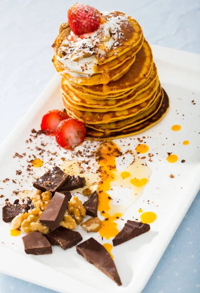 Tasty Pancakes Served Fruit Honey Chocolate Whipped Cream — Stock Photo, Image