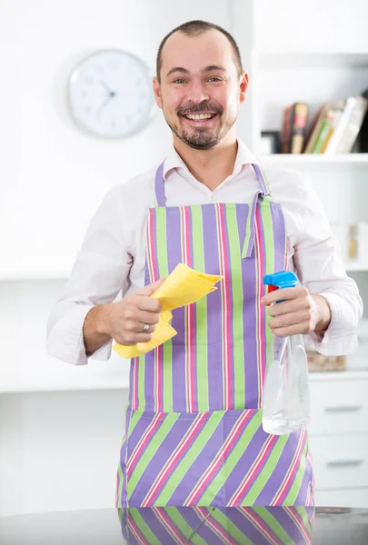Portrait Smiling Young Worker Making Cleaning Special Clothing Office Daytime — Stock Photo, Image