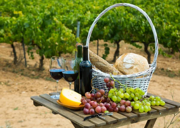 緑のブドウ畑を背景にバスケットに赤ワイン チーズ ブドウ — ストック写真