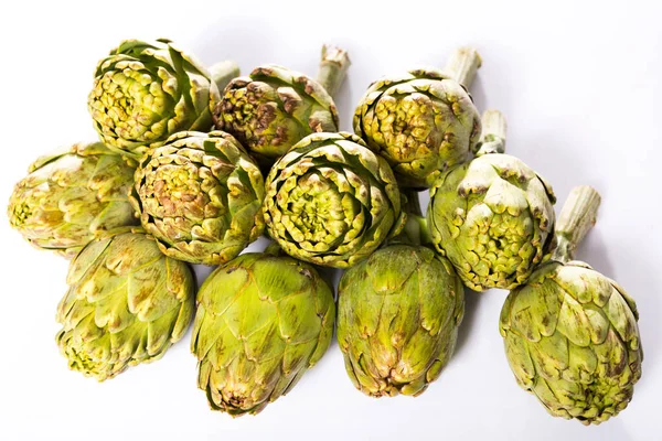 Uncooked Green Artichokes White Surface — Stock Photo, Image