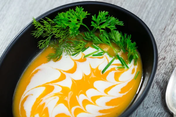 Receita Sopa Creme Abóbora Saudável Com Gengibre Abóbora Assada Azeite — Fotografia de Stock