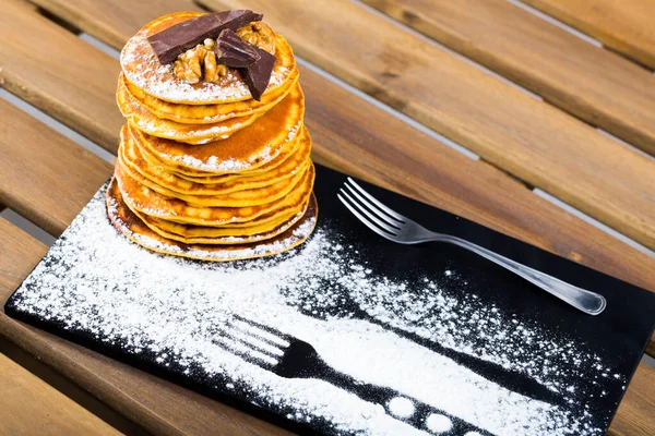 Stack Sweet Pancakes Chocolate Walnut Powdered Sugar Plate — Stock Photo, Image