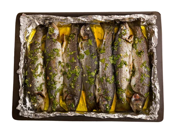 Top View Appetizing Baked Whole Trout Seasoned Garlic Greens Served — Stock Photo, Image