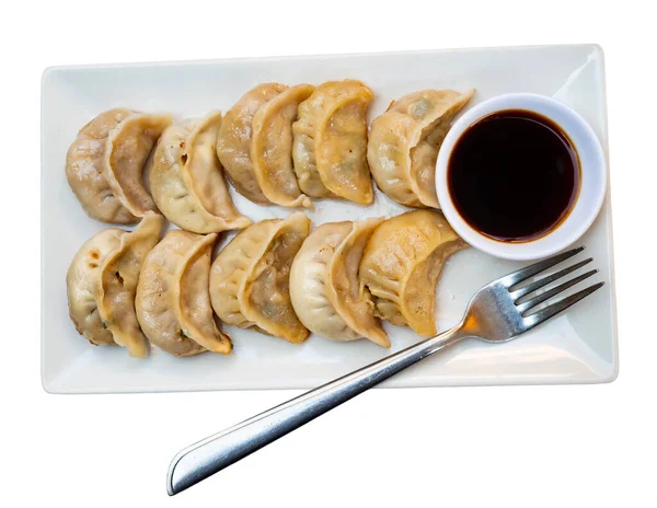 Portion Fried Chinese Dumplings Fork Small Bowl Soy Sauce Selective — Stock Photo, Image