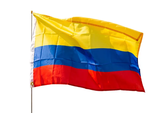 哥伦比亚的黄色 蓝色和红色三色旗 象征着民族文化和历史 代表着自然资源和国家独立 挥动着旗杆 在白色背景下被隔离 — 图库照片