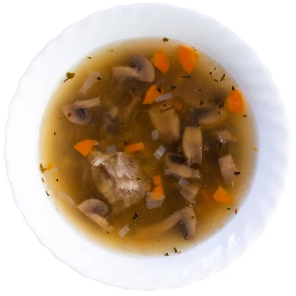 Sopa Cebada Perlada Con Trozos Cerdo Champiñones Sumergidos Plato Aislado —  Fotos de Stock