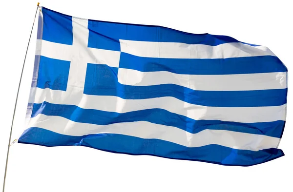 Bandeira Grega Voa Orgulhosamente Vento Isolado Sobre Fundo Branco — Fotografia de Stock