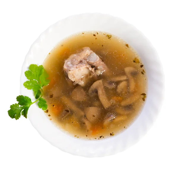 Appetizing Pork Mushroom Soup Vegetables Pearl Barley Comfort Food Isolated — Stockfoto