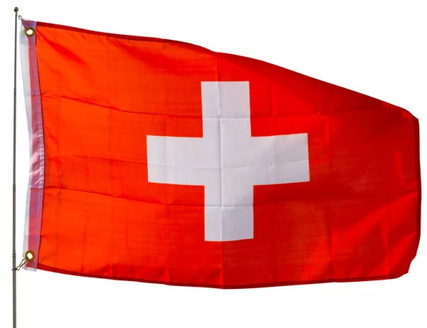 Bandeira Suíça Voa Orgulhosamente Vento Isolado Sobre Fundo Branco — Fotografia de Stock