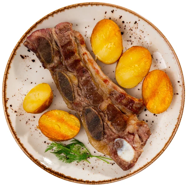 Churrasco Tradizionale Galiziano Costolette Manzo Grigliate Servite Con Patate Fritte — Foto Stock