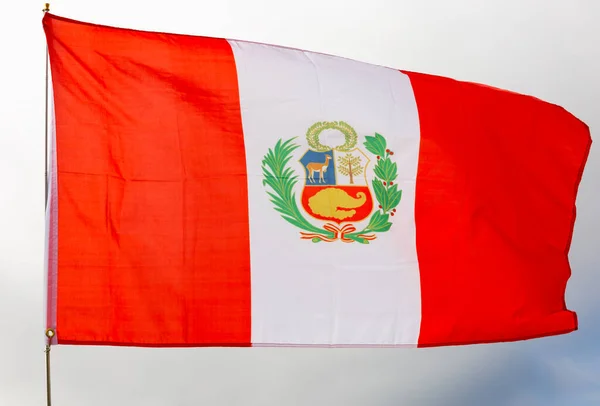 Large Flag Peru Fixed Metal Stick Waving Background Cloudy Sky — Stock Photo, Image
