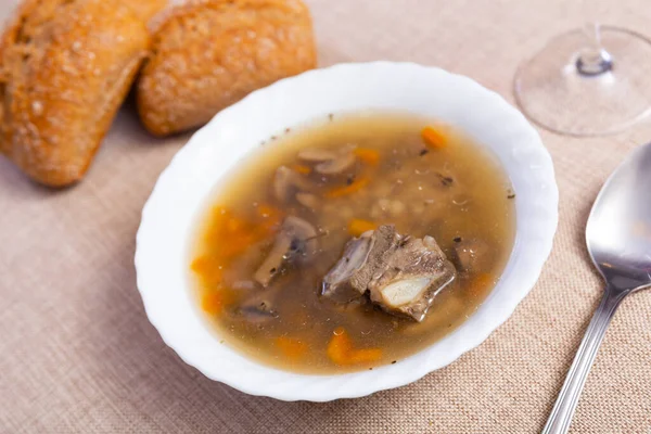 Hearty Homemade Soup Forest Mushrooms Pork Vegetables Pearl Barley Russian — Stock Photo, Image