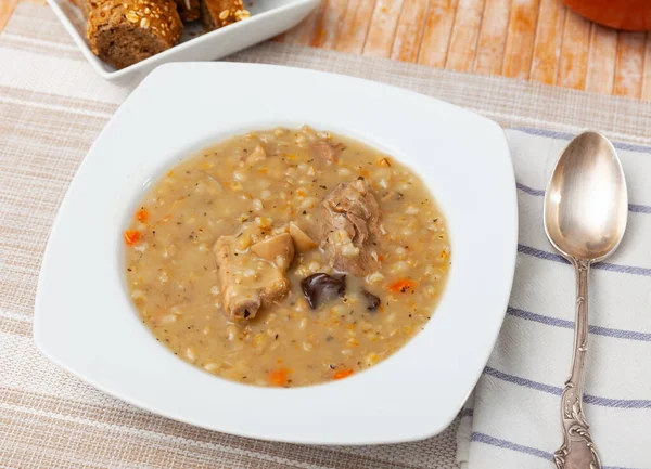 Appetizing Pork Mushroom Soup Vegetables Pearl Barley Comfort Food — Photo