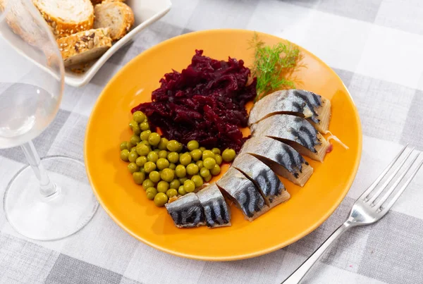 Cold Smoked Mackerel Grated Beetroot Green Peas Served Plate Other — Stock Photo, Image