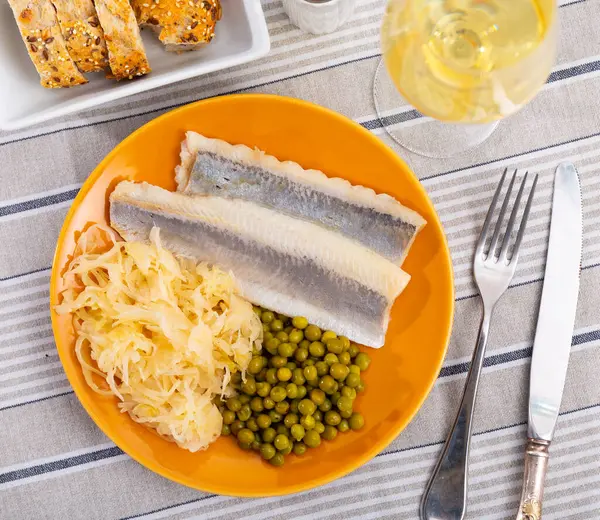 Light Salted Herring Pickled Cabbage Green Peas Dished Plate Laid — Stock Photo, Image