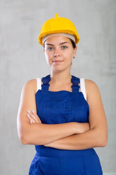 Portrait Young Worker Woman Work Uniform Posing Studio — Stock Photo, Image