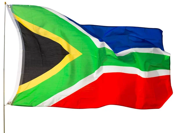 Tegen Achtergrond Van Bewolkte Lucht Stof Vlag Van Zuid Afrika — Stockfoto