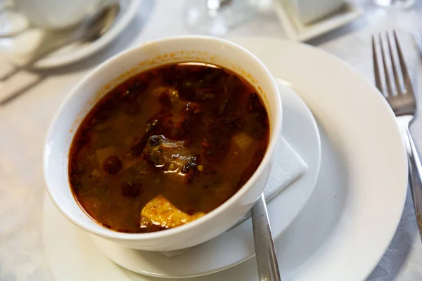 Soupe Traditionnelle Géorgienne Kharcho Viande Agneau Servi Dans Une Assiette — Photo