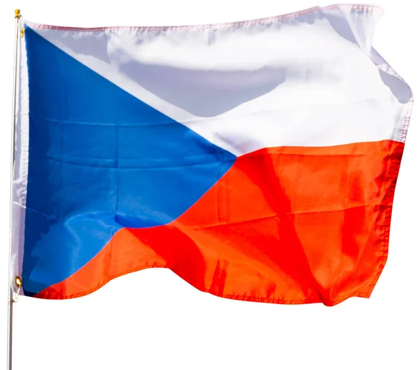 Nagy Zászló Csehország Rögzített Fém Bottal Integetett Elszigetelt Fehér Háttér — Stock Fotó