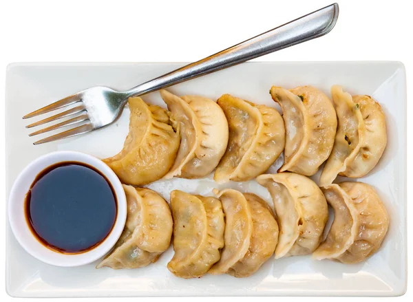 Appetizing Fried Chinese Dumplings Soy Sauce Served Platter Isolated White — Stock Photo, Image