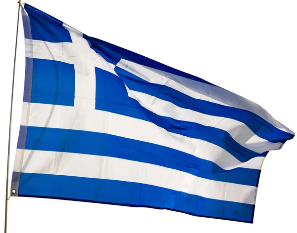 Pozadí Zatažené Oblohy Vlaje Vlajkovém Stožáru Řecká Vlajka Tkaniny Kopírkovým — Stock fotografie