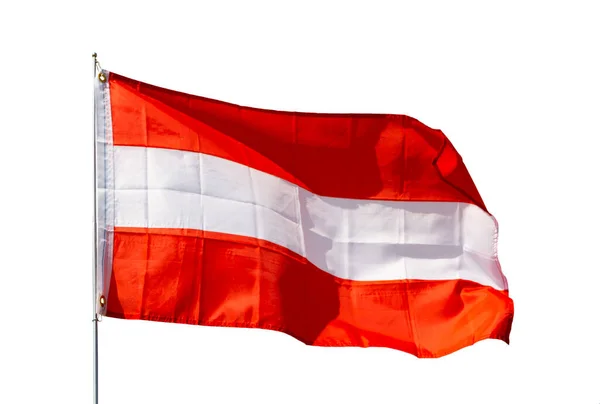 Большой Флаг Австрии Закреплен Металлической Палочке Размахивая Изолированный Белом Фоне — стоковое фото