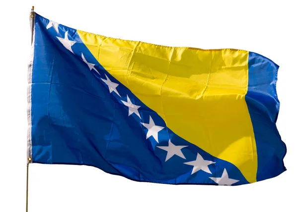 ボスニア ヘルツェゴビナの大きな旗は金属棒を振って固定されている 白地に隔離された — ストック写真