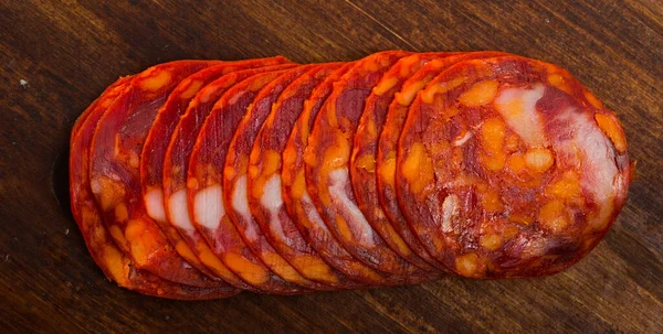 Traditionele Spaanse Chorizo Worstjes Houten Ondergrond — Stockfoto