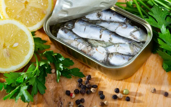 Open Can Sardines Table High Quality Photo — Stock Photo, Image