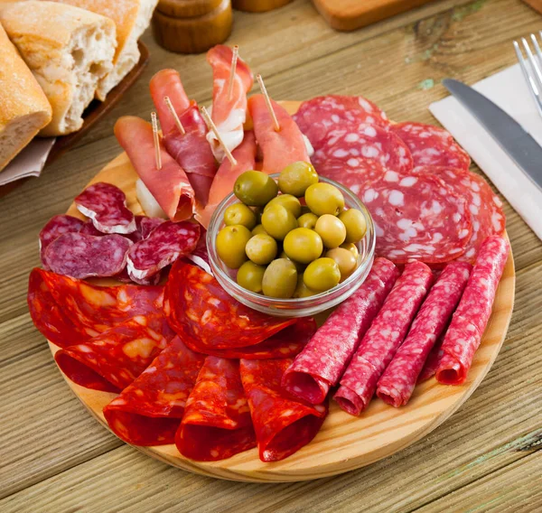Appetizer Various Types Spanish Sausages Platter Served Wine — Stock Photo, Image