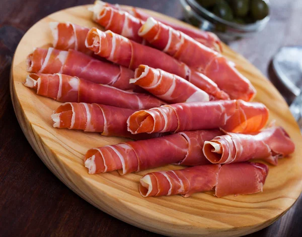 Spanish Tasty Meal Rolls Prosciutto Parma Wooden Desk Close — Stock Photo, Image