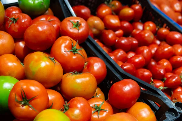 Vitrine Verrerie Aux Tomates Fraîches Mûres Produits Biologiques Sains — Photo