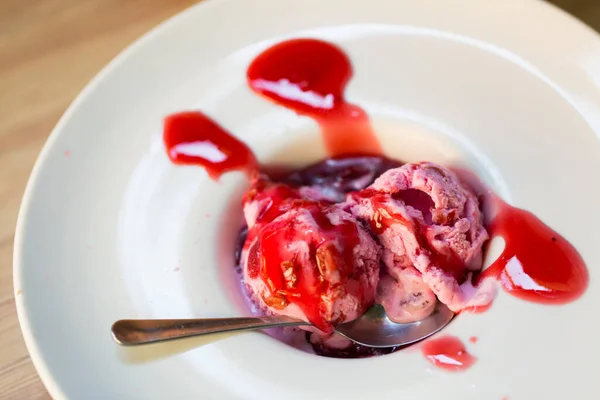 Two Balls Pink Ice Cream Berry Topping Served White Plate — Stock Photo, Image