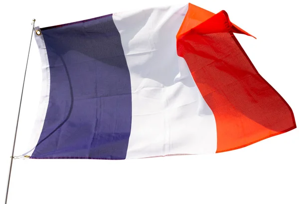 法国的大旗固定在挥动的金属棒上 在白色背景下被隔离 — 图库照片