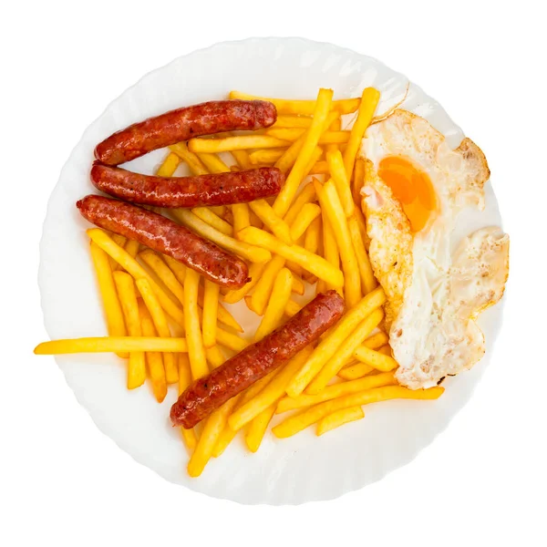 Delicious Dish French Fries Fried Eggs Four Sausages Close Image — Stock Photo, Image