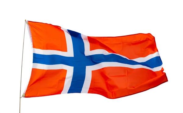 Bandeira Norueguesa Voa Orgulhosamente Vento Isolado Sobre Fundo Branco — Fotografia de Stock