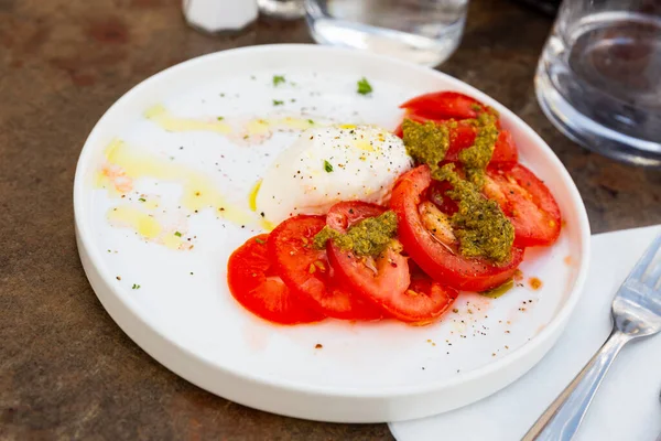 stock image Appetizing caprese salad served on white plate - Italian cuisine