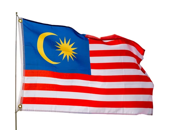 Velká Vlajka Malajsie Upevněná Kovové Tyči Mávající Izolované Přes Bílé — Stock fotografie