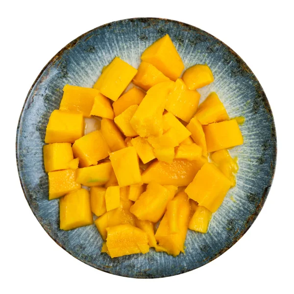 Schöne Erfrischende Gewürfelte Mango Auf Teller Mit Stil Serviert Isoliert — Stockfoto