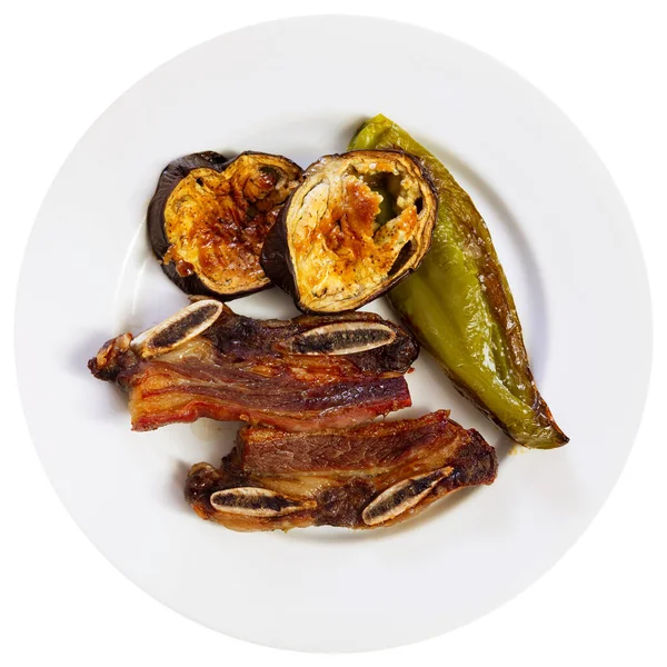 Nicely Served Plate Tasty Brazilian Barbecued Steak Eggplants Chili Peppers — Stock Photo, Image