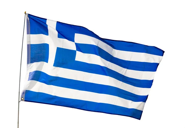 Griekse Vlag Wappert Trots Wind Geïsoleerd Witte Achtergrond — Stockfoto